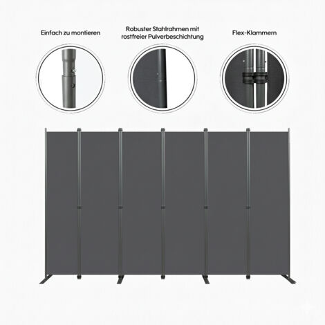 Séparateur de pièce 6 panneaux grille 3040x1800cm autoportant gris. Ecran d’intimité pour bureau,chambre,salon et salle à manger.