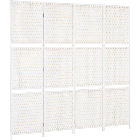 Séparateur de pièces 4 panneaux 2 étagères pliable blanc paille