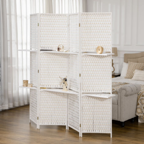 Séparateur de pièces 4 panneaux 2 étagères pliables blanc paille