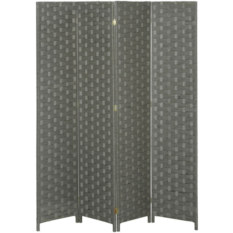 Homcom - Paravent intérieur 4 panneaux pliables séparateur de pièce bois de pin fibres de papier tressé gris