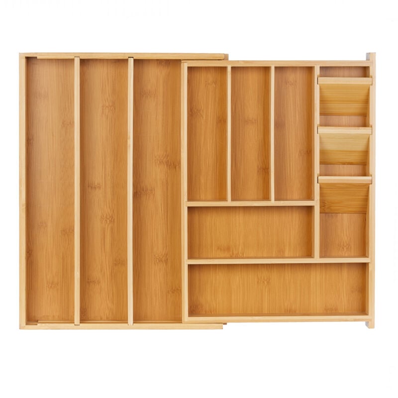 Range-couverts, Boîtes à couverts extensible, 8-11 compartiments, 5,5 x 32-54 x 42 cm, bambou & mdf, naturel - Relaxdays