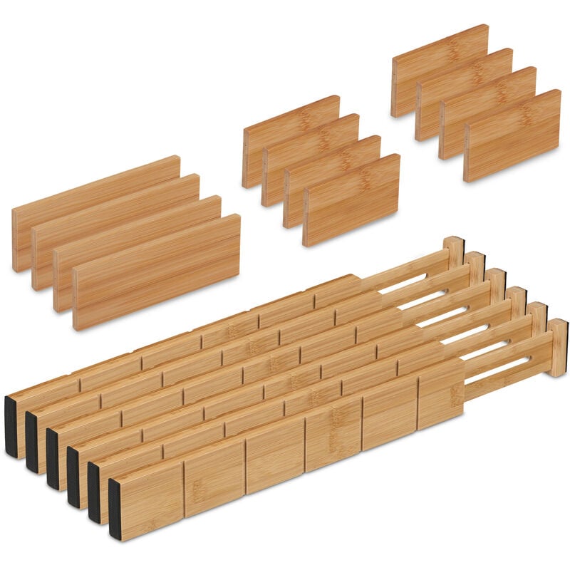 Séparateur pour le tiroir, 18 pièces, 6 séparateurs avec longueur réglable entre 43,5 et 57 cm, bambou, nature - Relaxdays