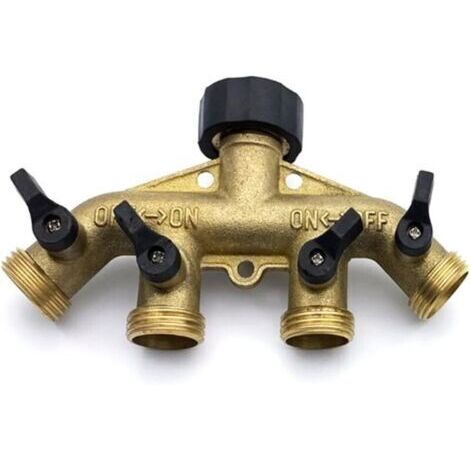 Séparateur de tuyau en laiton à 4 voies, collecteur de robinet de tuyau en laiton de 3/4 pouces, séparateur de robinet de connecteur de tuyau de jardin, laiton solide-jaune