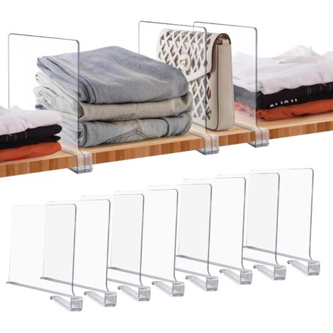 Separateur D'etagere Acrylique Transparent - 30 cm x 20 cm - Ajustable Jusqu'a 1,9 cm D'epaisseur - Pour Placard Chambre Cuisine Bureau - Lot De 8