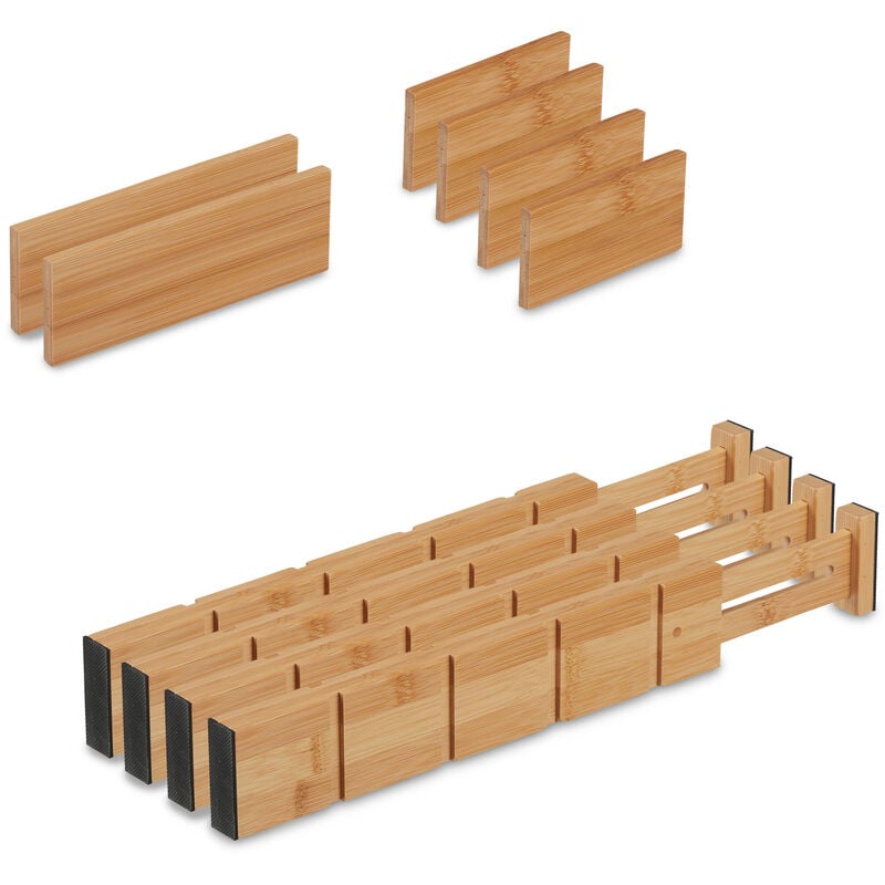 Séparateur pour le tiroir, 10 pièces, longueur réglable entre 34 et 44 cm, bambou, cuisine, nature - Relaxdays