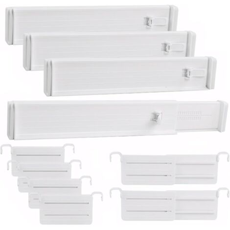 Separateur Tiroirs avec 6 Inserts, Lot de 4 Organisateur Tiroir Réglables, Rangement Extensibles 33 à 58.5 cm, pour Chambre Salle Bain Cuisine Vanité Réfrigérateur Bureau Organisation -
