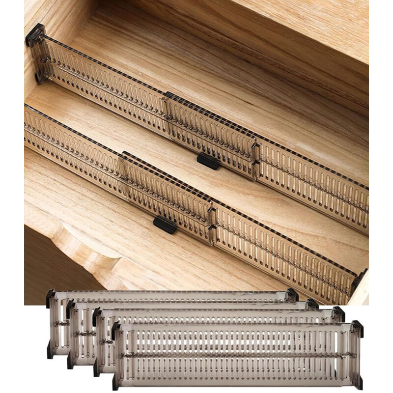 Séparateurs de tiroir extensibles 4 pièces, solutions de rangement polyvalentes pour la maison et la cuisine, noir transparent