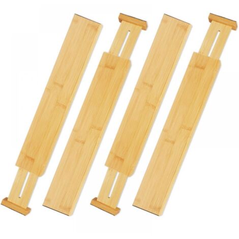Séparateurs de tiroirs réglables en bambou, ensemble de 4, avec étagères extensibles (43-56 cm), parfaits pour organiser l'espace de rangement à la maison et au bureau.