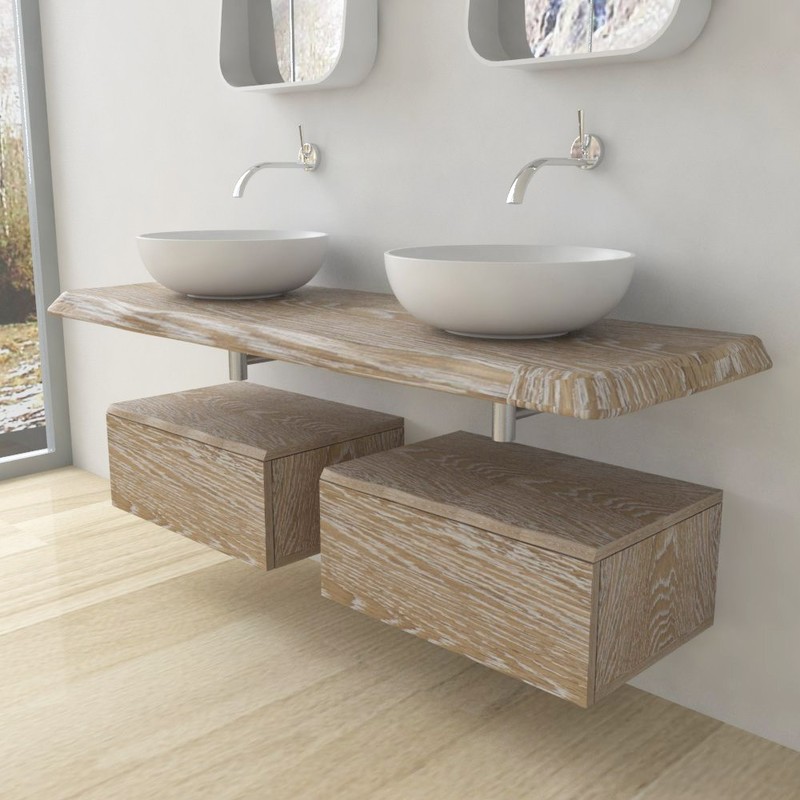 Sequoia Mobile Completo Arredo Bagno In Legno Massello Frassino Naturale Shabby Bianco Decapato