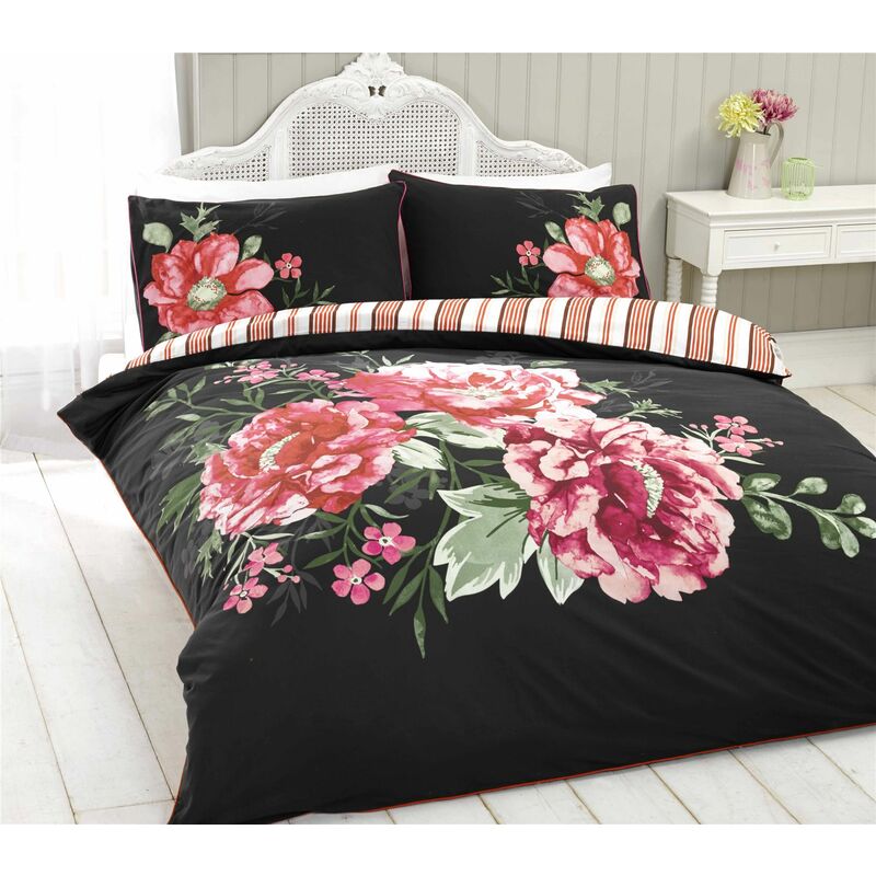 Rapport Home - Seraphina Red & Black Floral Reversible Single Duvet Cover & Pillowcase Bedset Bedding - Black
