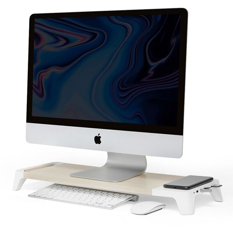 10pos - pout EYES8 - Support de moniteur en bois 3 en 1 avec chargeur rapide sans fil, blanc