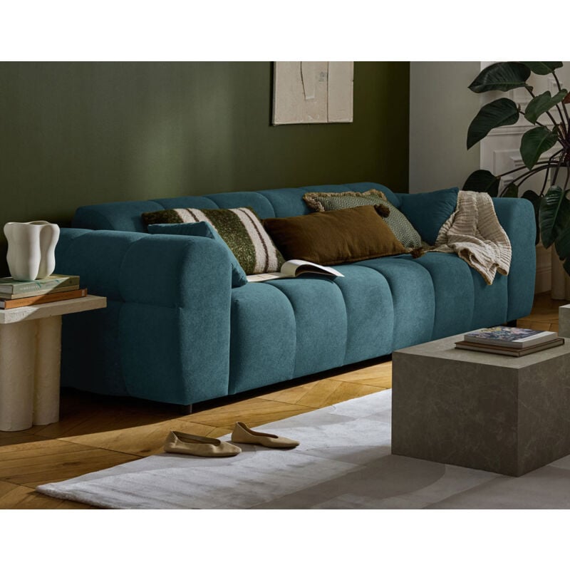 Lisa Design - Ray - canapé droit 3 places en tissu texturé - bleu grisé