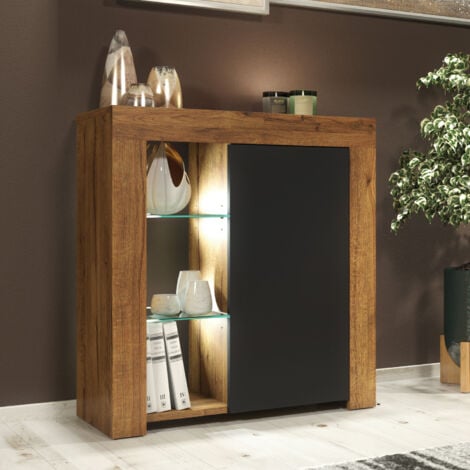 OLIVIA FURNITURE Serene Sideboard 83cm - Dark Oak with Black Matt Doors & LED