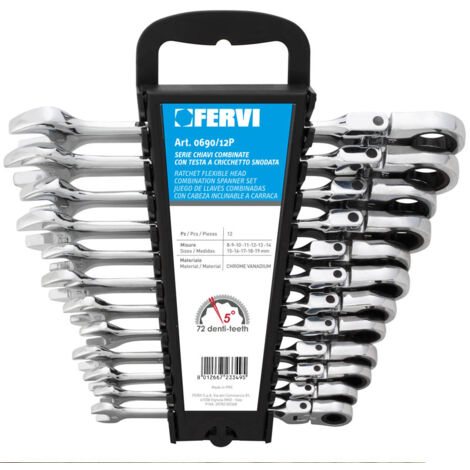 Serie 12 chiavi combinate con testa a cricchetto snodata Fervi 0690/12p