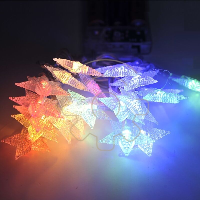 Image of Crylight - Serie 20 luci di Natale led a stella multicolore rgb a batterie 2 mt catena 2 giochi per interno