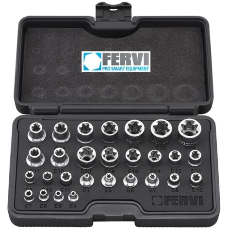 Serie 28 chiavi a bussola per bulloni torper da 1/4 3/8 e 1/2 Fervi 0195