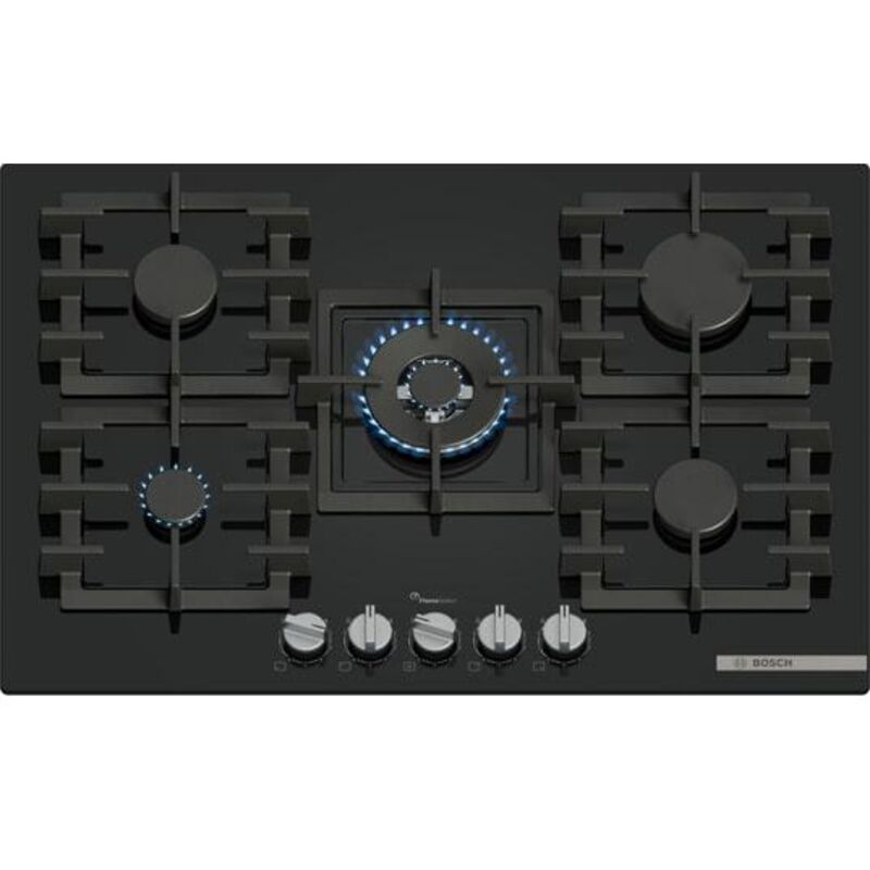Bosch – Plaque de cuisson gaz 75cm 5 feux 11500W avec foyer wok – Surface en verre trempé noir – Grilles en fonte – PPQ7A6I40 Bosch – Plaque de cuisson gaz 75cm 5 feux 11500W avec foyer wok – Surface en verre trempé noir – Grilles en fonte – PPQ7A6I40