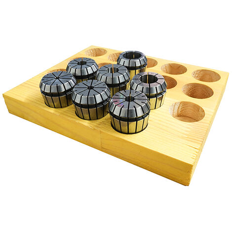 Serie di 7 pinze ER 32 per frese 4-6-8-10-12-16-20 su zoccolo di legno PRT Tools