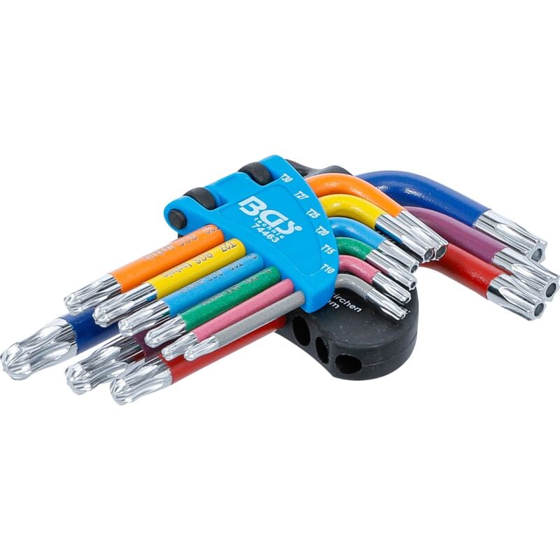 Image of Bgs Technic - Serie di chiavi ad angolo multicolore corta profilo a t (per Torx) con foro e testa sferica T10 - T50 9 pz.