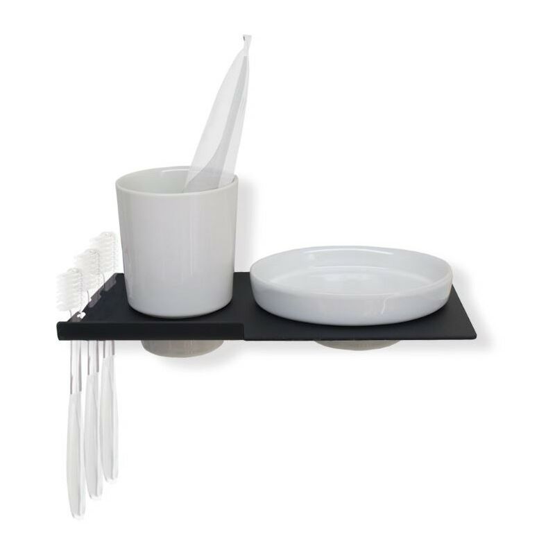 

Jabonera con vaso y soporte triple de cepillos de dientes Nina negro mate - CM Baños