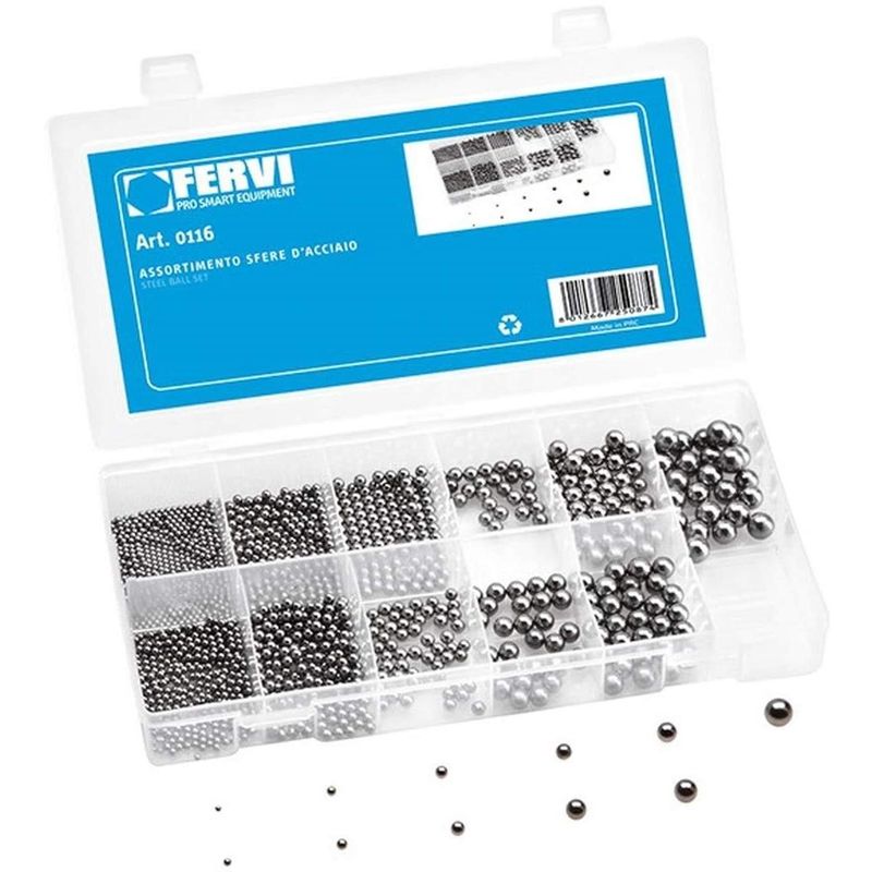 Image of Serie set kit assortimento sfere d'acciaio cromate metriche Fervi 0116