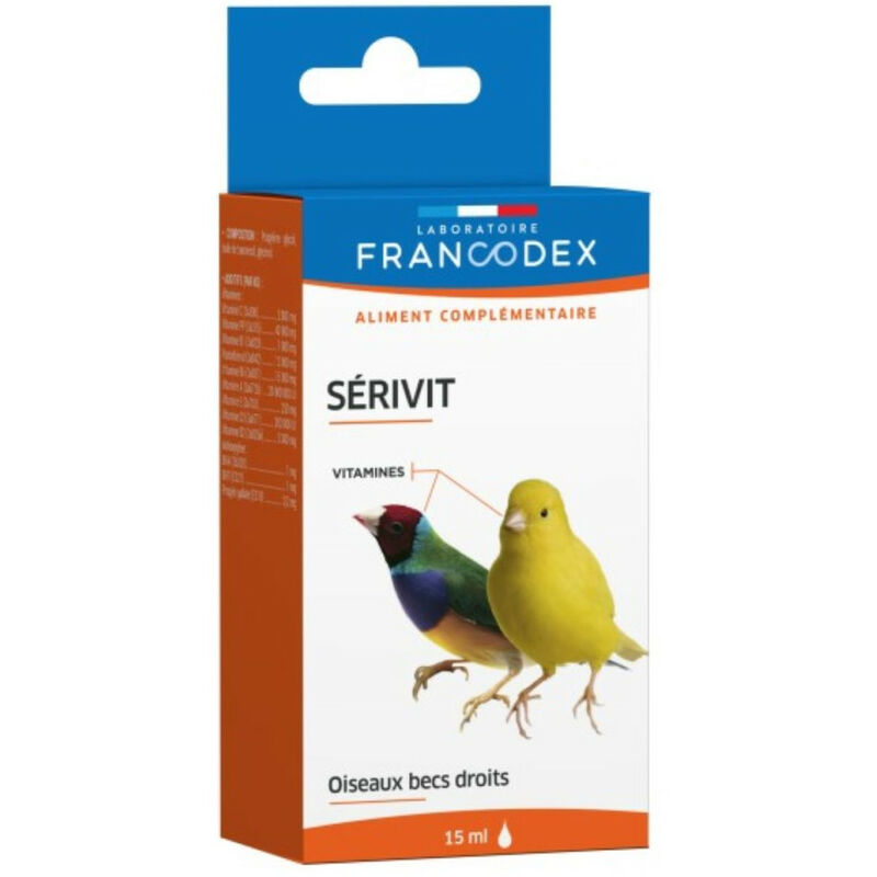 

Serivit 15 ml . Alimento complementario para las aves de jaula y las aves de corral.