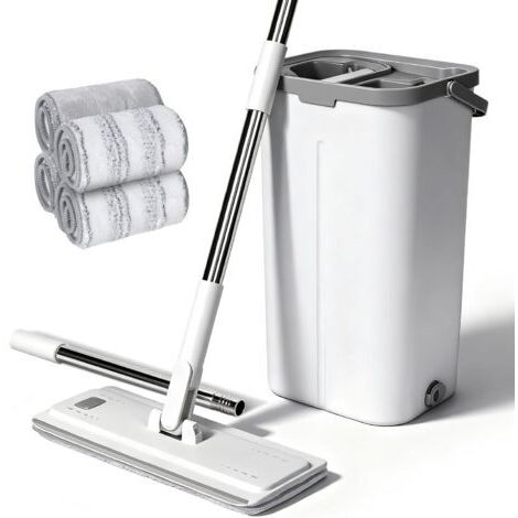 Serpillière Seau Essoreur, Serpillère Microfibre Plat avec Manche INOX, Balai Plat Rotative 360° avec 4 Serpillères Réutilisables, Balai Serpillière pour Nettoyage Tous Types de Sols