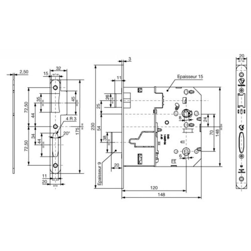 Serrure de sûreté type d 453 bec de cane à condamnation axe à 120 mm Vachette