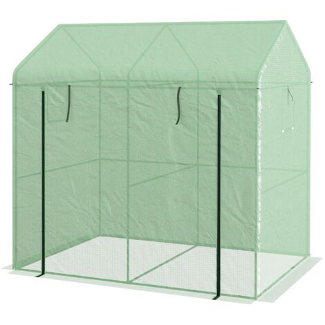 Serra a Casetta a 2 Sezioni con Porta e Finestre Avvolgibili 200x140x200 cm in Acciaio e PE Verde