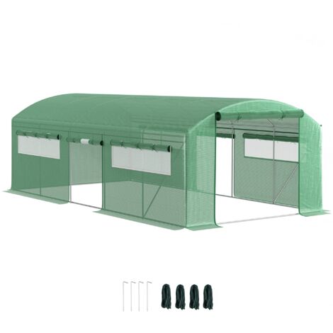 Serra a Tunnel 594x300x200 cm con 3 Porte Avvolgibili e 6 Finestre in Acciaio Zincato e PE Verde