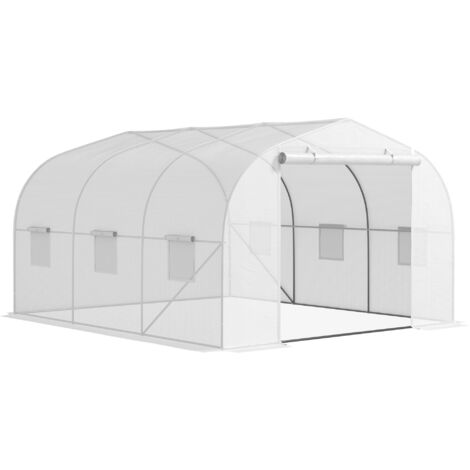Serra a Tunnel da Giardino con 6 Finestre e Porta a Rullo 3,5x3x2 m in Acciaio e PE Bianco