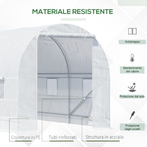 Serra a tunnel in polietilene da 4,5 x 2 x 2 m, serra pedonale per giardino con finestre a rete, struttura in acciaio zincato, bianca