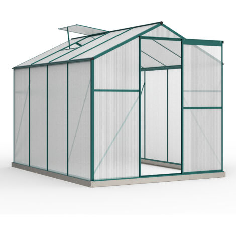 Serra da Giardino 190x253x200 cm, con Tetto a Spiovente e Fondamenta, 1 Finestra e Porta, Facile da Installare, Alluminio, Verde