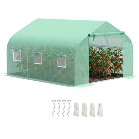 Serra da Giardino 3.5 x 3 x 2m con Tetto Spiovente in PE, Porta e 6 Finestre, Verde