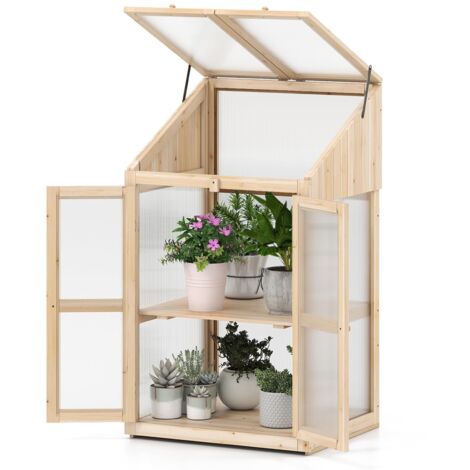 Serra da giardino in abete a 2 livelli 121 cm, mini serra con protezione per ripiani, tetto pieghevole trasparente, porta con serratura, ripiani rimovibili