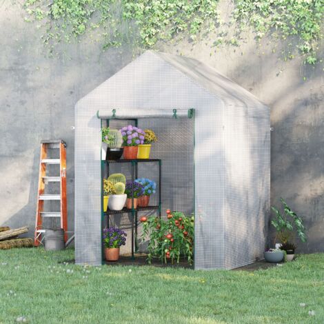 Serra da Giardino in Acciaio e Copertura PE, Serra da Balcone per Piante con 2 Scaffali e Porta Avvolgibile, 143x143x195cm, Bianco