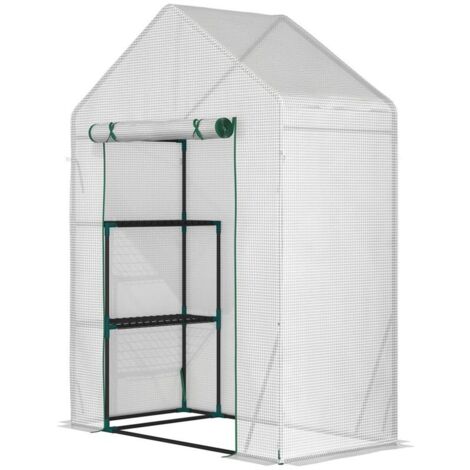 SERRA DA GIARDINO IN PE E ACCIAIO PER ESTERNI CON 2 SCAFFALI E PORTA AVVOLGIBILE. 143X73X195 CM. BIANCO
