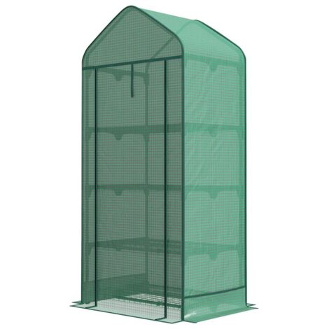 SERRA PER PIANTE A 4 RIPIANI CON PORTA AVVOLGIBILE. IN METALLO E PE. 69X49X158 CM. VERDE SCURO