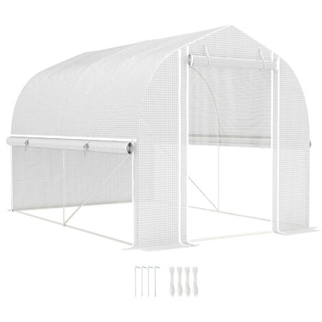 Serra polytunnel 3 x 2 x 2 m con pareti laterali avvolgibili, copertura in plastica resistente ai raggi UV e struttura in acciaio, bianco