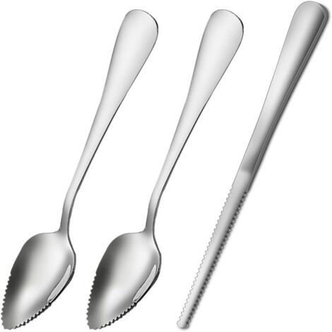 Serrated-edge stainless steel grapefruit spoon and knife, multi-functional fruit and dessert utensil set in silver (3 pieces) — ideal for grapefruit, lemon, kiwi, salad, melon, lime, dragon fruit, app