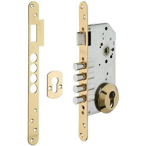 Serratura da incasso a cilindro europeo europeo, asse 50x85mm con borchia, oro - THIRARD