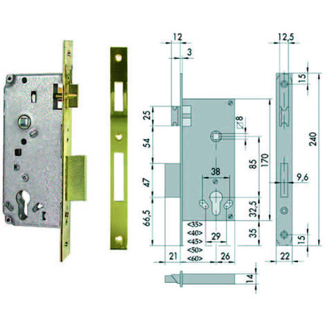 CISA SERRATURA LEGNO INFILARE 5C611 LOGO • B.QUADRO OTTONATO F.MM 22 F.SAGOM M2+SCR E.MM 40