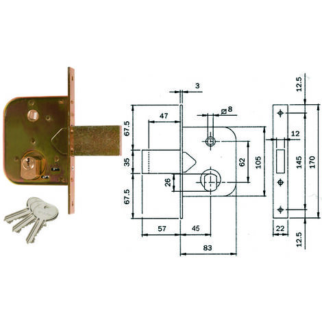 Serratura da infilare per cancelli con quadro caten. prol. e scr. 600 - mm.45 (600450)