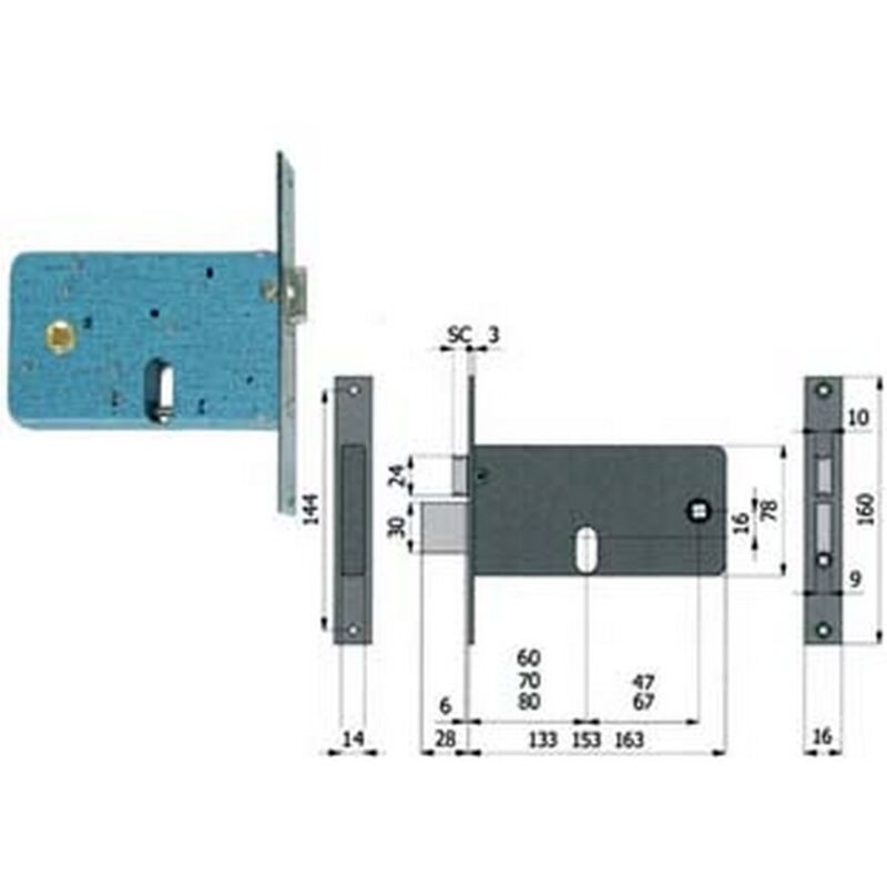 Image of Omec - serratura da infilare per fasce catenaccio e scrocco MM.78 h 870 - MM.80 interasse MM.67 (870)