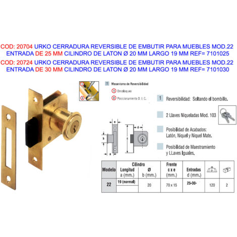 Serratura da infilare Urko 22 Ingresso 30 Cilindro 19 Mobili Reversibili 7101030