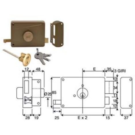 SERRATURA DA PORTONCINO APPLICARE C/POMOLO CILINDRO STACCATO 3 MANDATE- - mm.50 DX (330B) - 1 pezzi WALLY