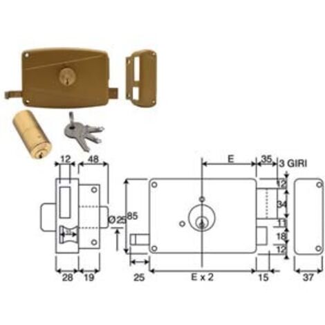 SERRATURA DA PORTONCINO APPLICARE DOPPIO CIL. FISSO SCROCCO+CATEN 3M- - mm.60 DX (310A) - 1 pezzi WALLY