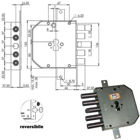 Serratura di sicurezza triplice a doppio cilindro E63 Res654+43/270 Moia, robusta e affidabile