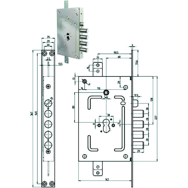 Image of CR - serratura metallo applicare 2655 pen f.sagom M2 tripl+s ip.mm 28 e.mm 68 dx/sx