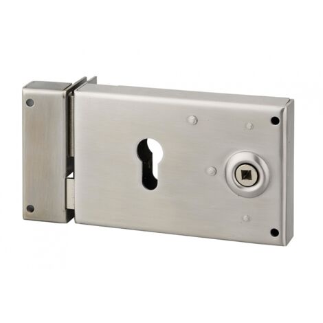 Serratura orizzontale da applicare doppio cilindro con quadro maniglia, cancello, sinistra, asse 52mm, 140x88mm, inox - THIRARD
